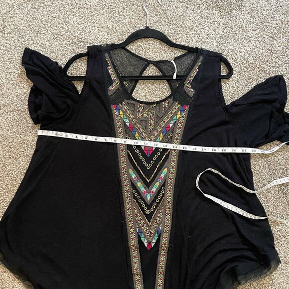 Free People Top Love Spell Cut Out Mesh Keyhole Tee Shirt Embroidered Tribal - Picture 6 of 7